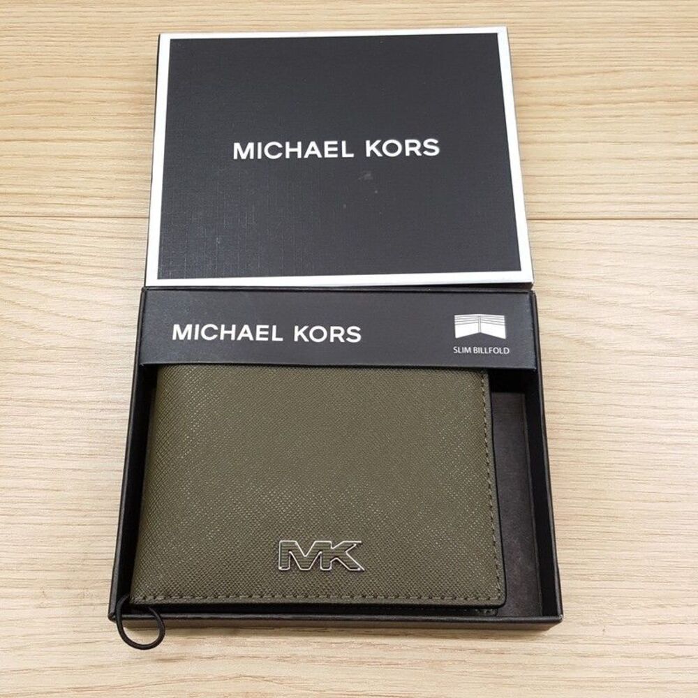 MICHAEL KORS Mens Slim Bifold Wallet Olive Green Saffiano Leather Boxed $78